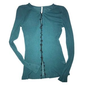 Teal hook-and-eye knit blouse cardigan